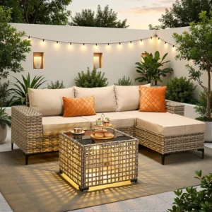 Patio Outdoor 5Pcs Set with Solar Lamp Table and Ottoman
