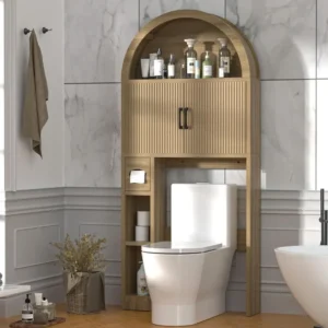 Natural Arched Over-the-Toilet Storage Cabinet with Anti-Tip and Adjustable Shelves