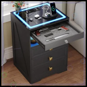 3 Drawer Nightstand with Lockable Gun Drawer(Black)