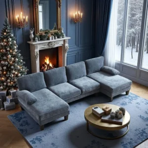Ocean Blue 4-Seat U-Shaped Sectional Sofa with Double Chaise, Corduroy Fabric