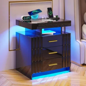 Black Night Stand with Charging Station-USB+Type-C+Wireless