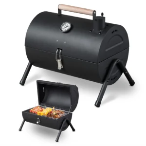 Portable Charcoal Grill with Thermometer and Wooden Handle