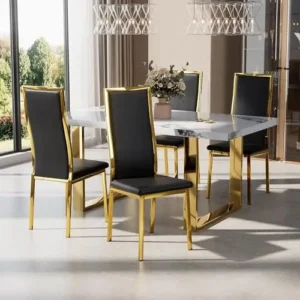 Modern Dining Chairs Set of 4, Black Faux Leather with Chrome Gold Metal Legs