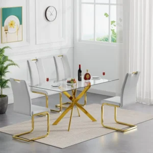 Glass Dining Table Set or 4, ern 51" Dining Room Table Set or 4, Gold X-Shape Pedestal Glass Table with 4pcs Gray Dining Chairs,