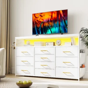 10-Drawer Fabric Dresser & TV Stand – LED Lighting, Built‑In Outlets