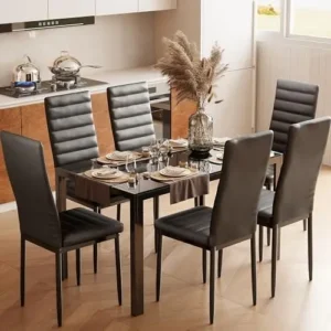Kitchen Dining Table Set for 6, Tempered Glass