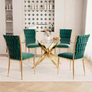 Glass Dining Table Set for 4 with Gold Legs Velvet Chairs