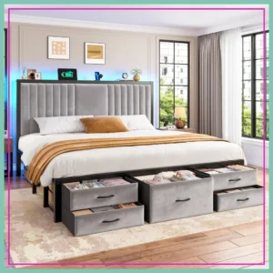 Queen Bed Frame 5 Drawers Storage Headboard LED Lights Charging Station Easy Assembly Grey