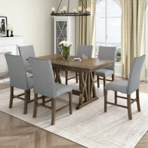 Mid-Century Extendable Dining Table Set with Upholstered Chairs,  12" Leaf for 6-Person Seating