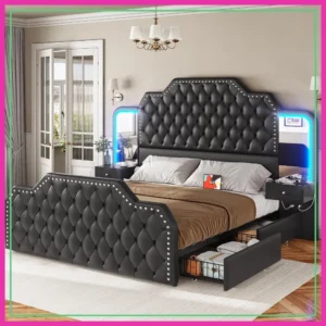 Queen Bed Frame 53" Tall Headboard Storage Drawers